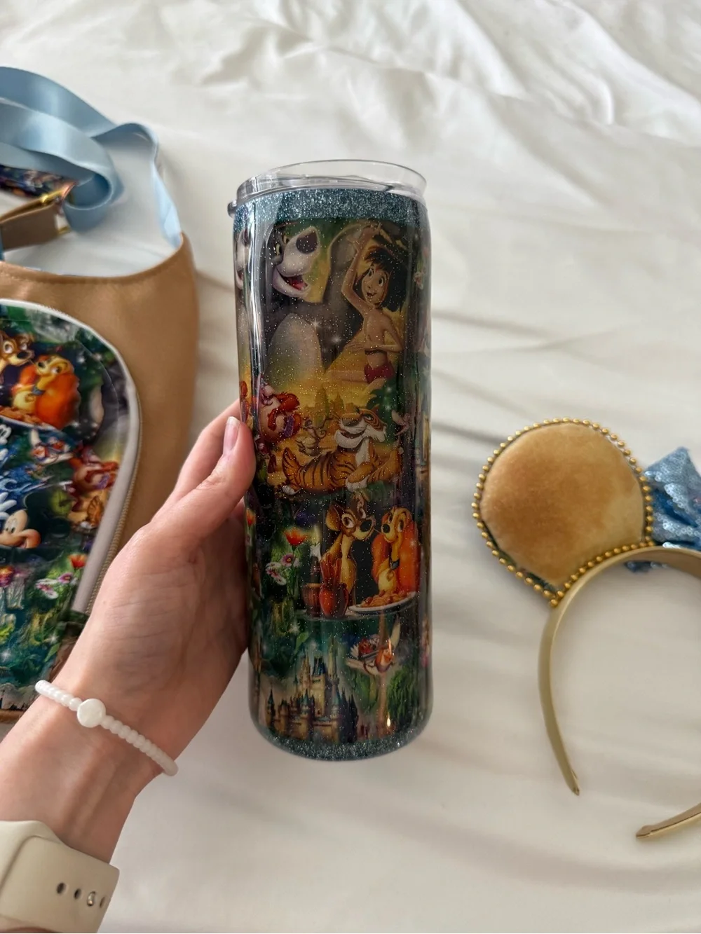 Disney Rose Gold Crossbody Water Bottle Bag with Blue Strap & Matching Ears